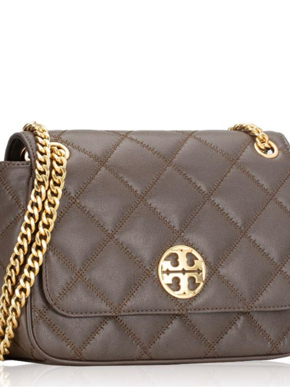 Tory Burch Quilted Shoulder Bag with Gold Chain — Taupe Brown